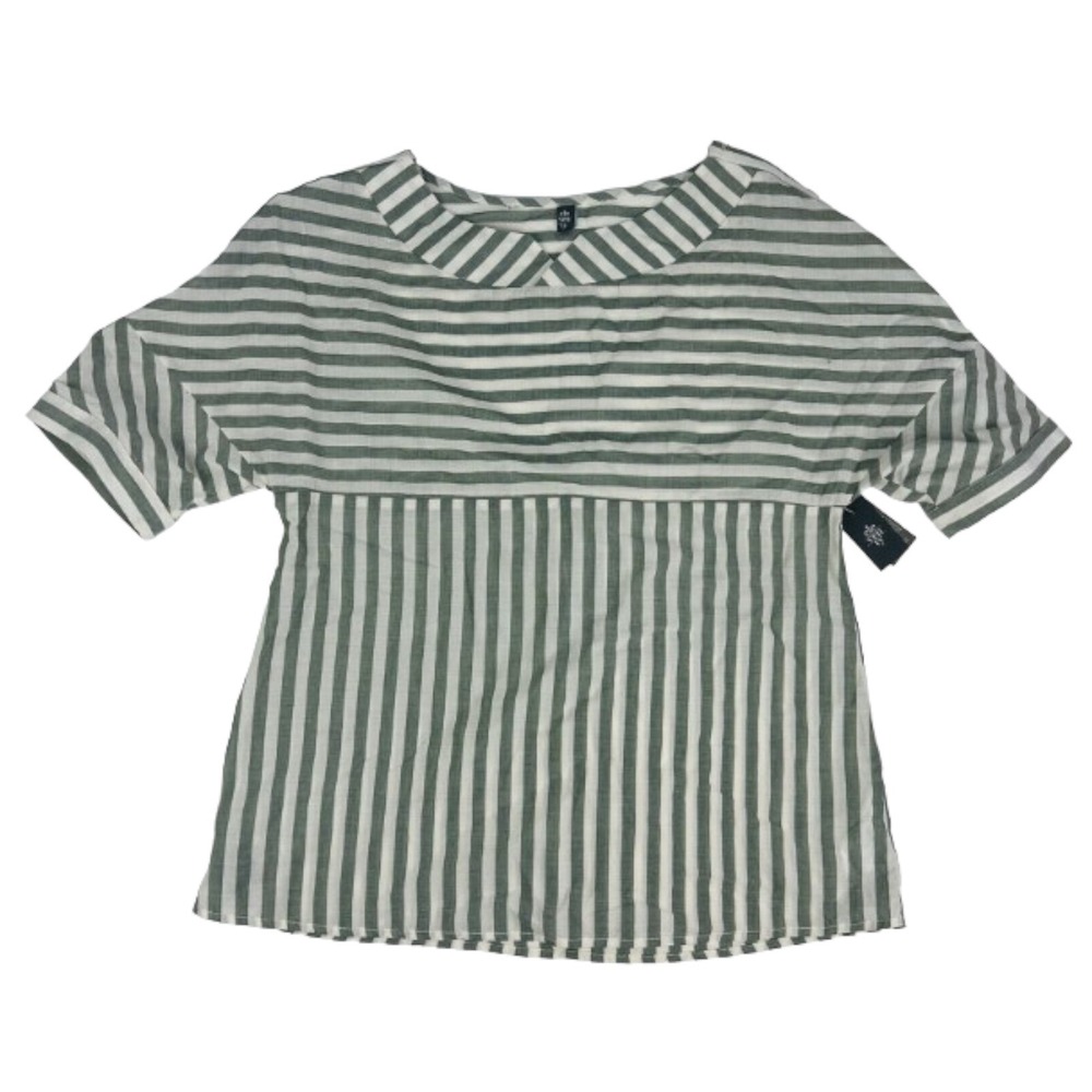 NWT Eleventy Green White Stripe‎ Cotton Button Short Sleeve Top Womens Size 2